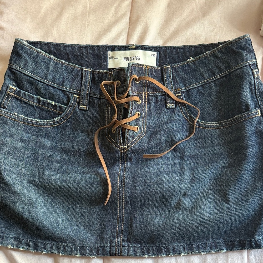 Hollister Indigo Denim Mini Skirt with Brown Lace-Up Front - Picture 1 of 3